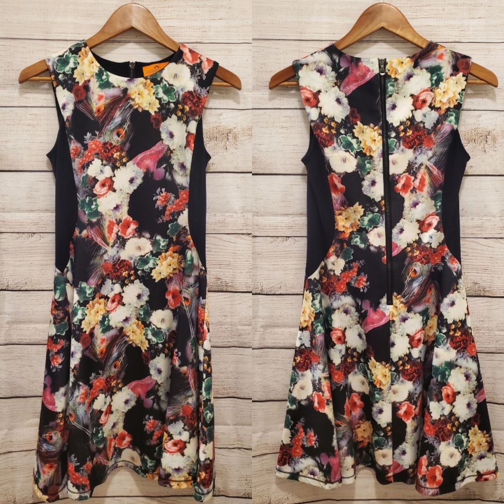 Patrizia Luca Black with Multicolor Floral Pattern Mini Dress, Size S
